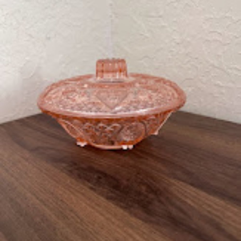 Vintage Pink KIG Indonesia Pink Depression Glass Dish with Lid